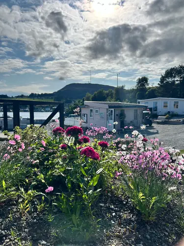 Blomsterbed foran oppstillingsplassene, med bobiler og fjellet bak